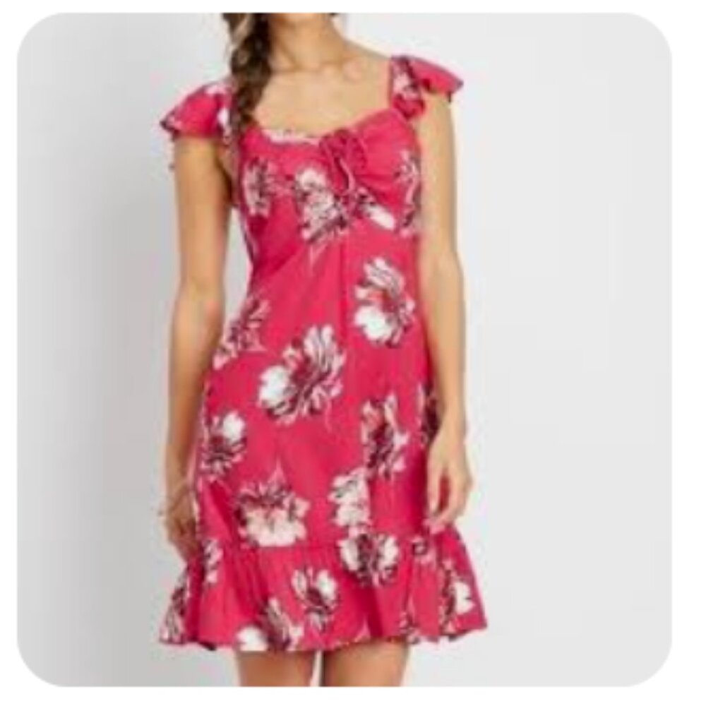 ꧁🌸🌺Maurices Sweetheart Tie Front Red Floral flutter sleeve Mini Sun Dress🪷🦩꧂